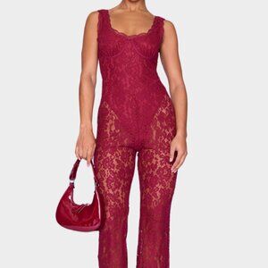 Burgundy Lace Boning Detail Strappy Flared Jumpsuit Size 10